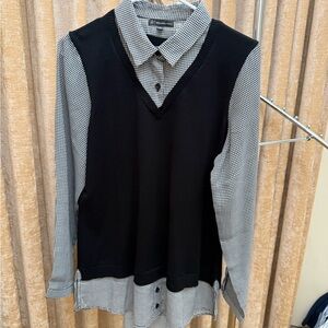 Adrianna Papell Black Knit Vest with Black-and-White Houndstooth Shirt